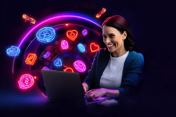 A man focused on his laptop with live stats in the background, highlighting the dedicated sports and gaming features of the BD111 mobile app.